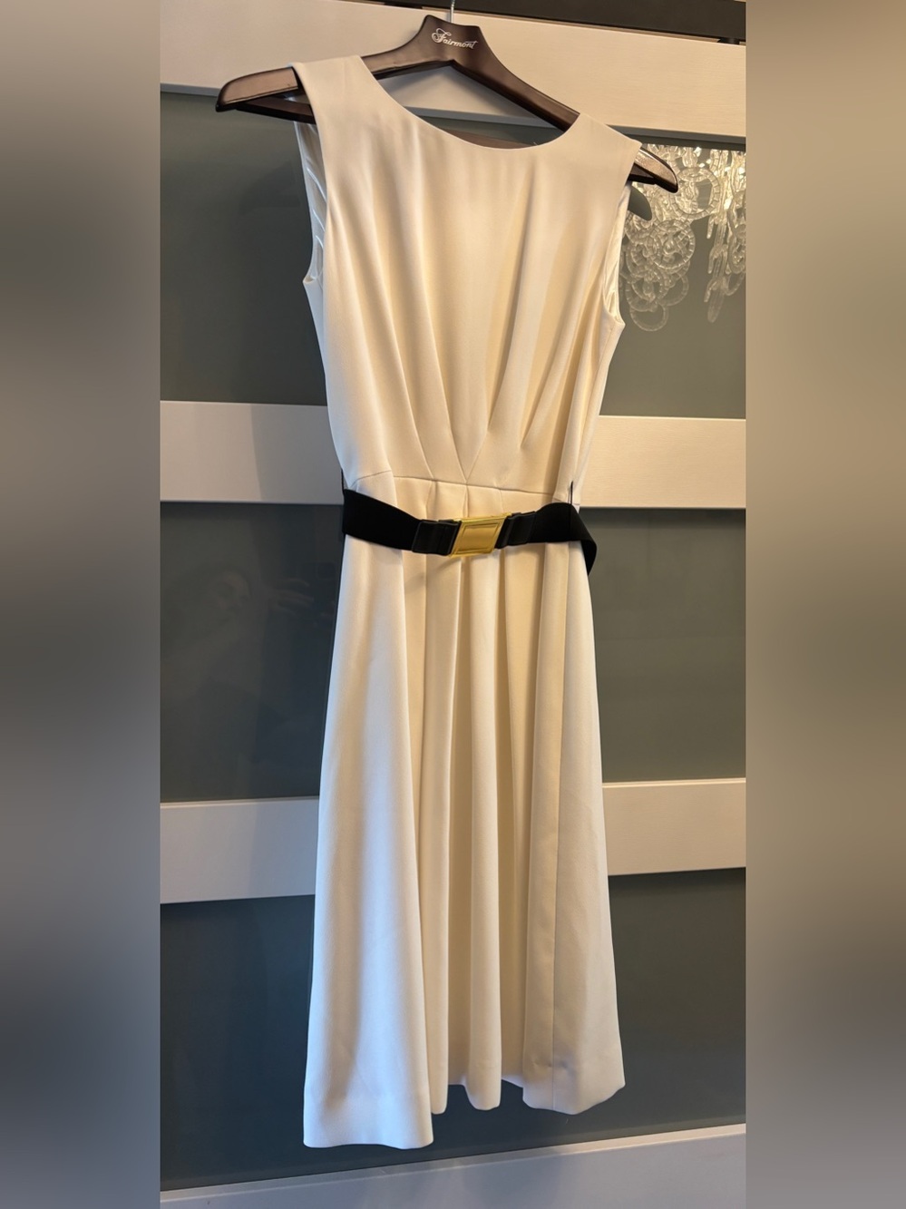 Tahari Arthur S Levine Ivory Cream Midi Dress size 2 with Black Belt